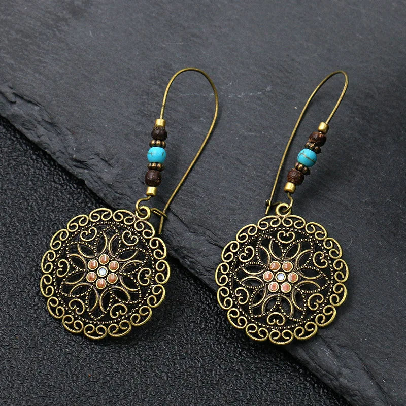 Terify®️Ethnic Vintage Bohemia Big Ear Hook Drop Earrings Geometric Leaf Wing Flower Hollow Round Boho