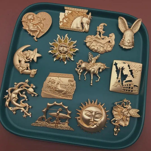 Terify®️New Creative Women Palace Vintage Gold Color Sun Rabbit Relief Brooches Pins🌈