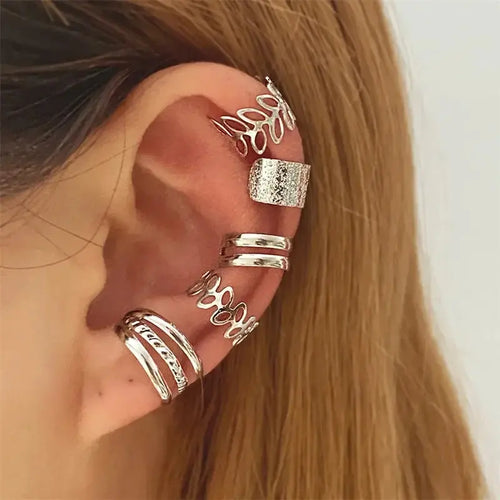 Terify®️5pcs;Silver Color Leaves Clip Earrings for Women Men Creative Simple C Ear Cuff 🎀