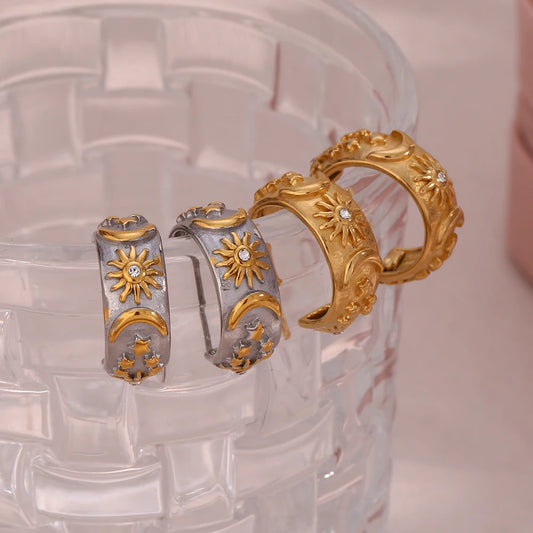 Terify®️E.B.belle Thick Embossed Moon Sun Star Pattern Chunky Hoop Earrings ☀️