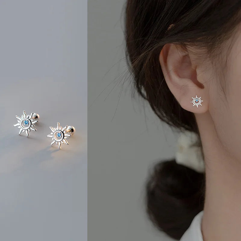 Terify®️925 Sterling Silver Blue Zircon Sun Small Stud Earrings  Piercing Elegant